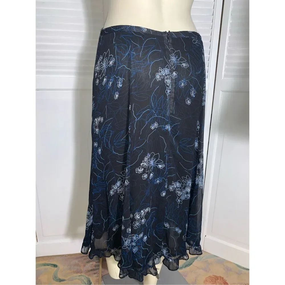 Vintage,‎ dark floral, double layered, sheer chiffon, midi skirt, size 12 ￼